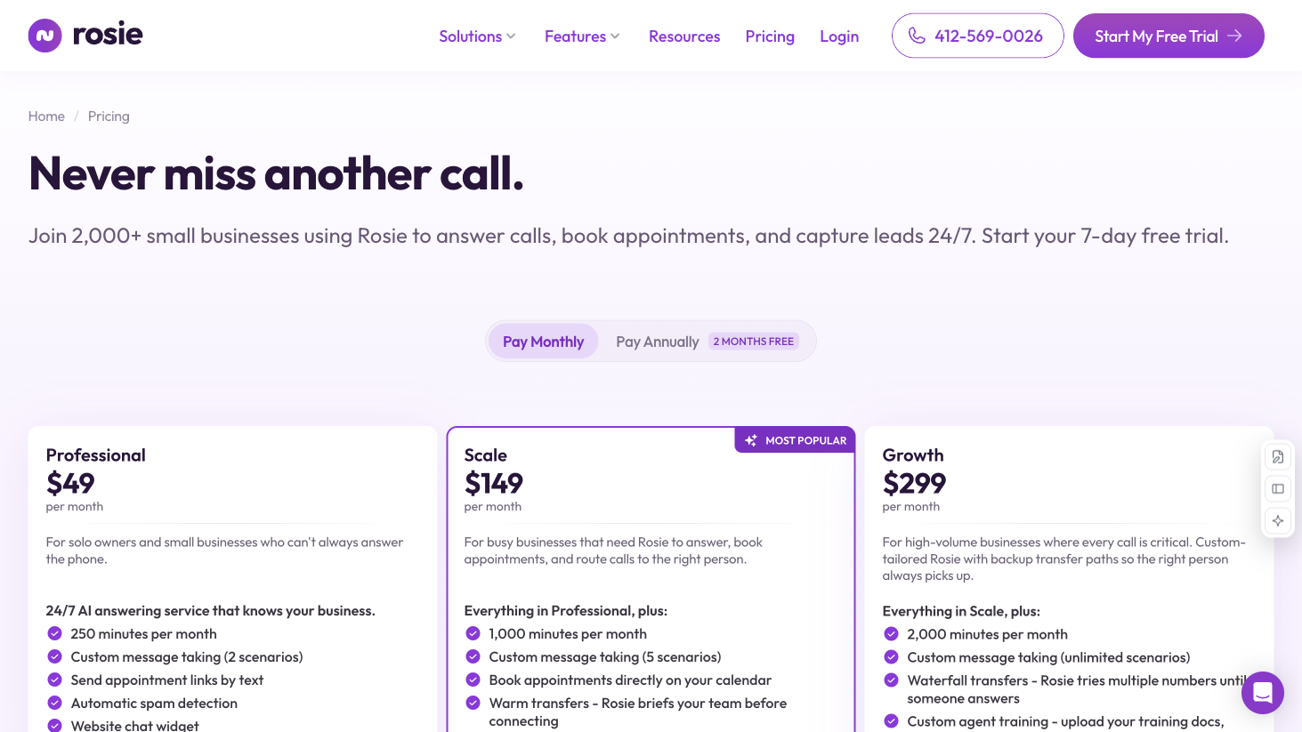 Rosie AI Receptionist website preview