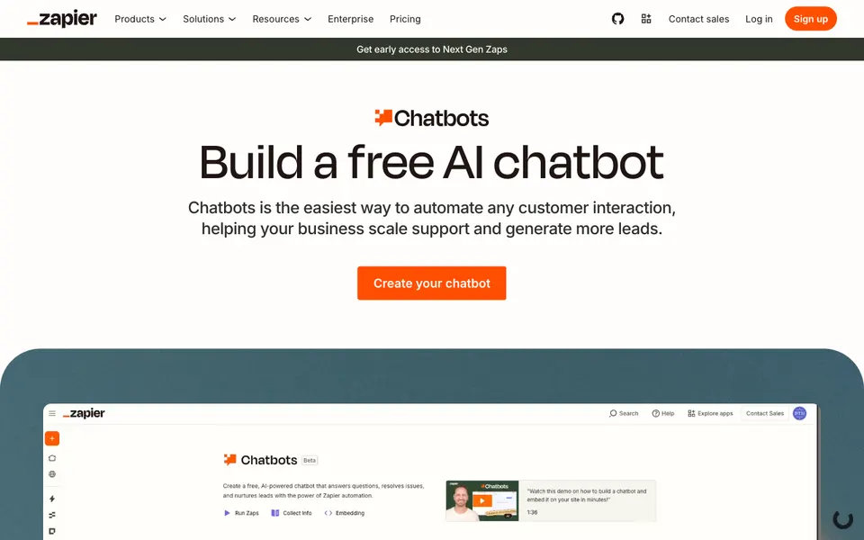 Zapier Chatbots website preview